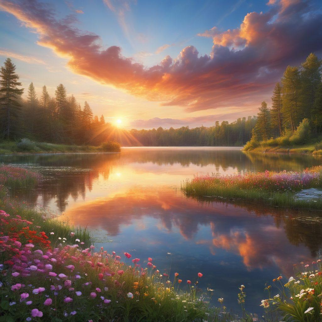 A serene landscape featuring a radiant sunrise over a tranquil lake, with colorful wildflowers in the foreground. In the sky, fluffy clouds shaped like hearts float above, symbolizing happiness and positivity. Ethereal light rays illuminate the scene, creating a sense of warmth and hope. Soft, inviting colors dominate the palette to evoke feelings of bliss and contentment. super-realistic. vibrant colors. dreamy atmosphere.