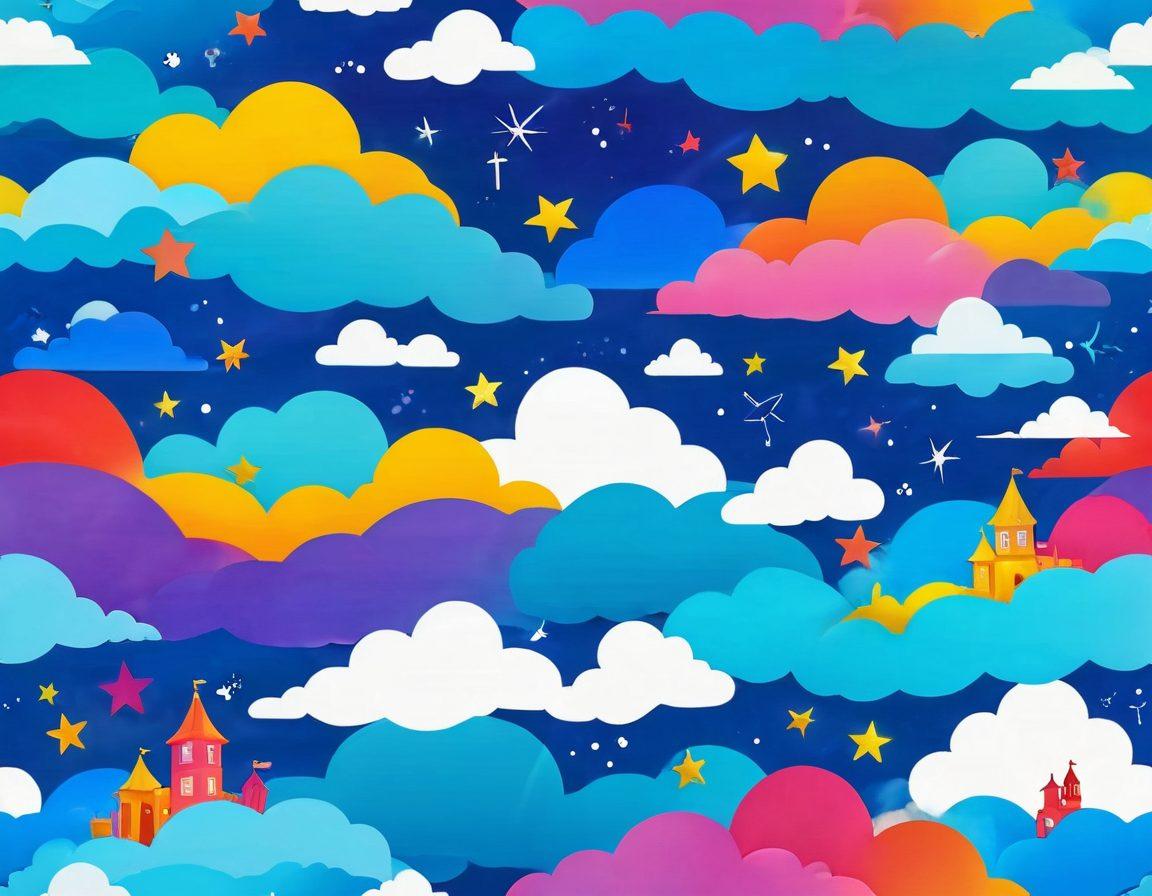 A vibrant digital landscape filled with cheerful websites represented as colorful, lively portals, radiating joy and positivity. Include whimsical characters interacting with the websites, surrounded by playful icons and animated elements like stars and smiley faces. The sky is bright blue with fluffy white clouds, symbolizing happiness and exploration. Make the overall tone uplifting and inviting, enticing viewers to discover the magic of cheerful online experiences. super-realistic. vibrant colors. 3D.